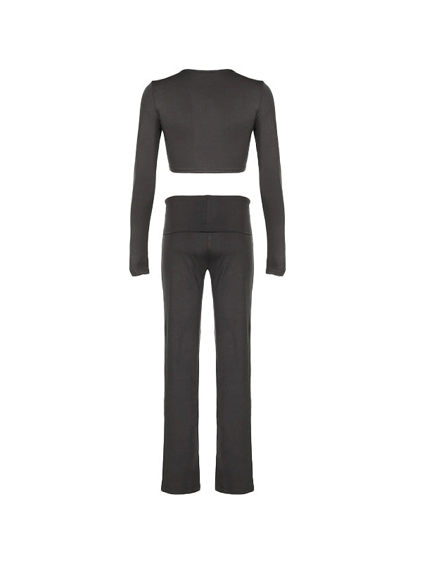 Solid Cropped Slim Long Sleeve Tee Flared Sweatpants Set