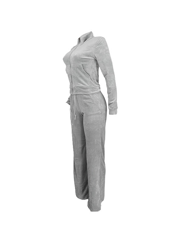 Solid Collar Neck Jacket Lace Up Pants Set