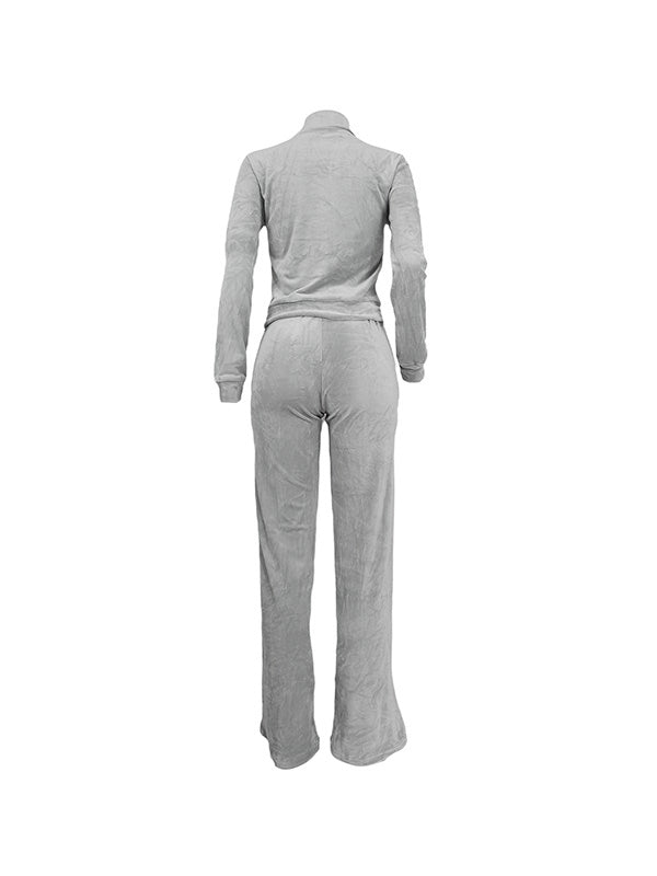 Solid Collar Neck Jacket Lace Up Pants Set