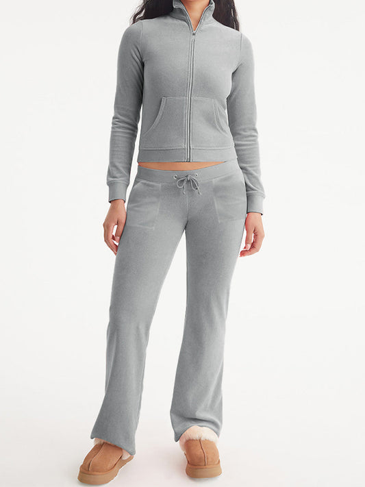 Solid Collar Neck Jacket Lace Up Pants Set