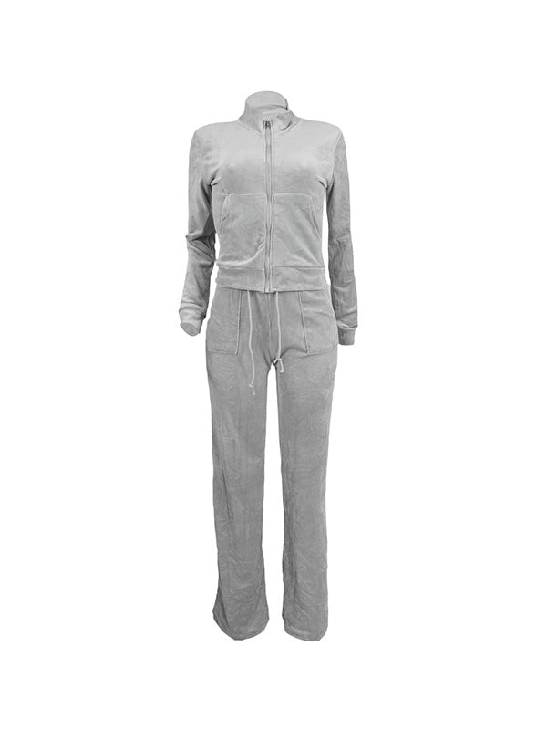 Solid Collar Neck Jacket Lace Up Pants Set