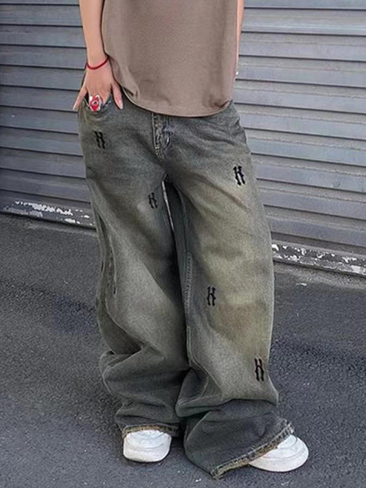 Loose Basic Distressed Print Boyfriend Jeans