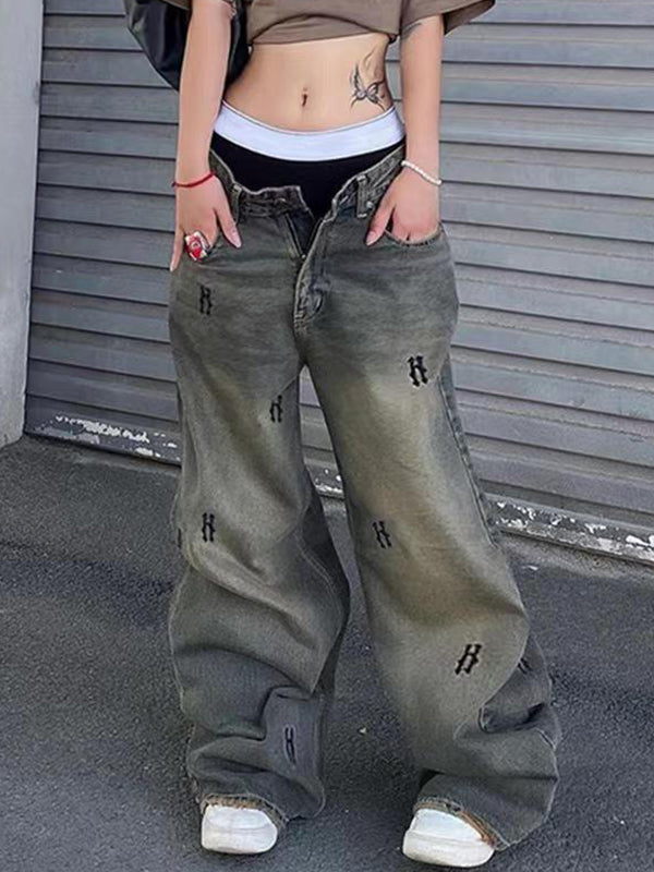 Loose Basic Distressed Print Boyfriend Jeans
