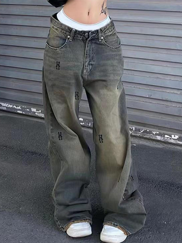 Loose Basic Distressed Print Boyfriend Jeans