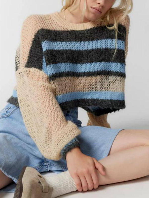Contrast Color Striped Loose Cropped Sweater