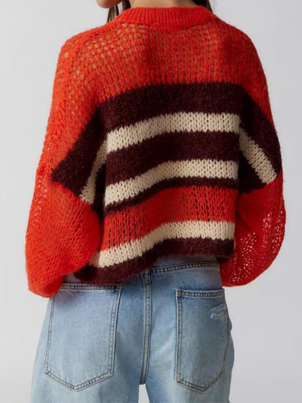 Contrast Color Striped Loose Cropped Sweater