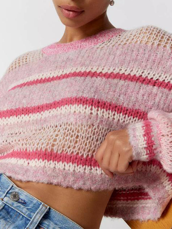 Contrast Color Striped Loose Cropped Sweater