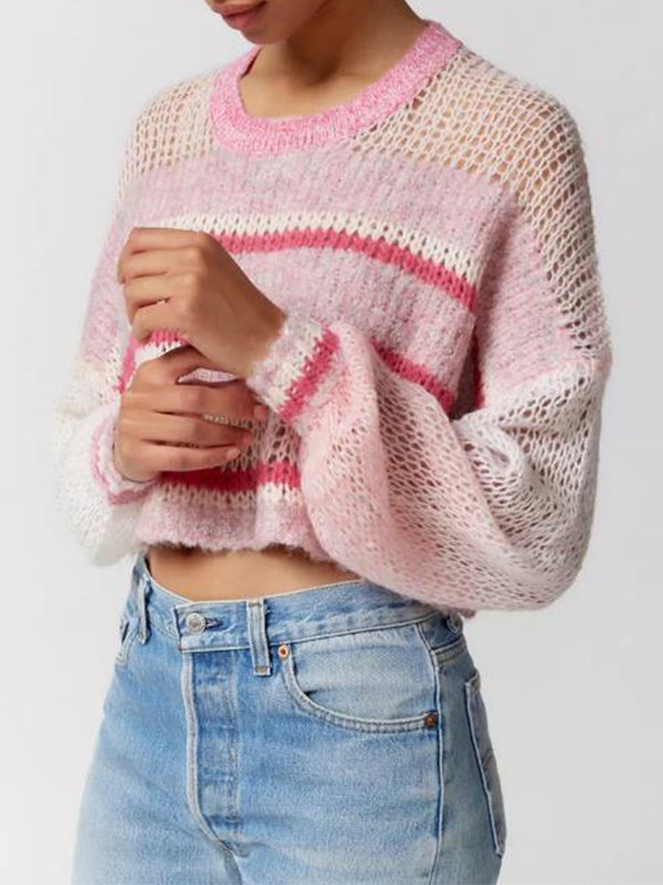 Contrast Color Striped Loose Cropped Sweater