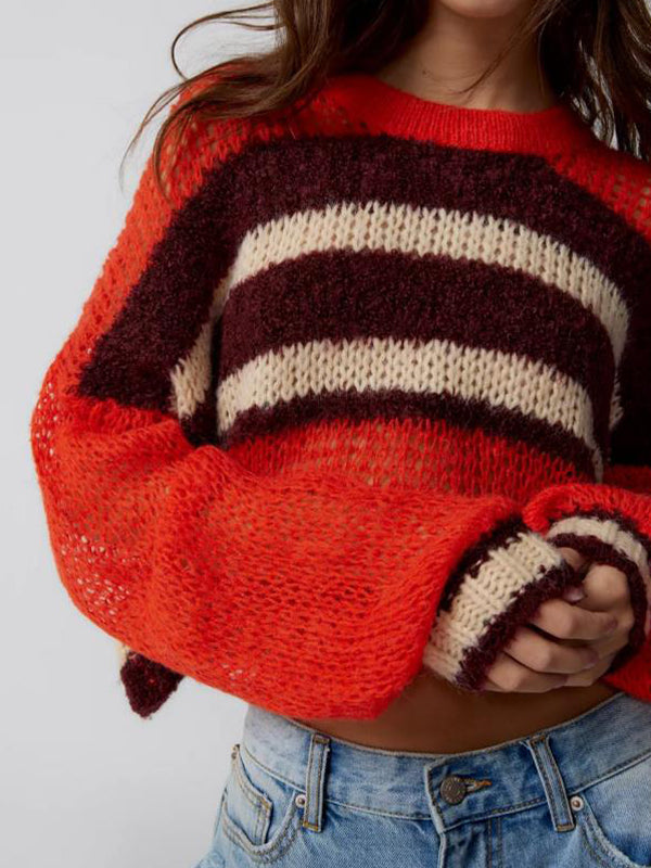 Contrast Color Striped Loose Cropped Sweater