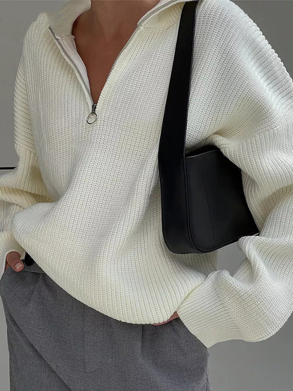 Solid Color Zipper Sweaters