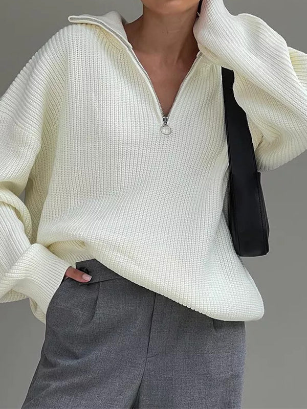 Solid Color Zipper Sweaters