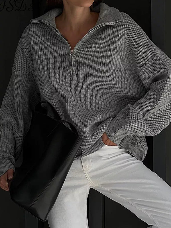 Solid Color Zipper Sweaters
