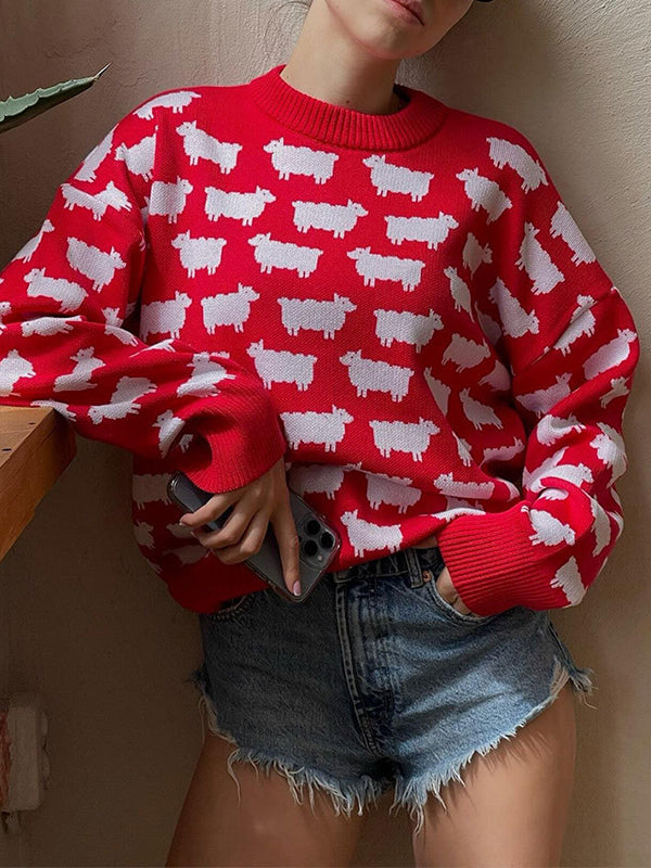 Alpaca print crew neck sweaters