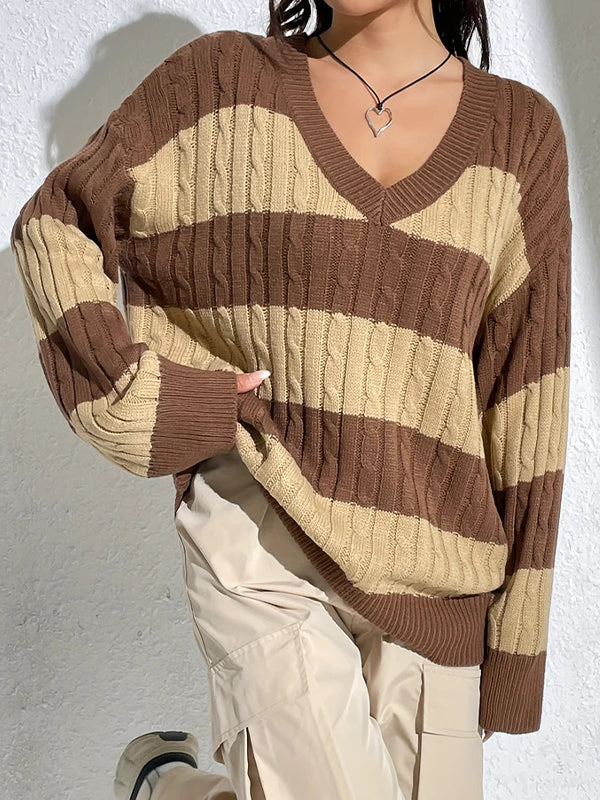 Casual Stripe Print Oversized Long Sleeve Sweaters