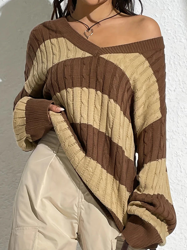 Casual Stripe Print Oversized Long Sleeve Sweaters