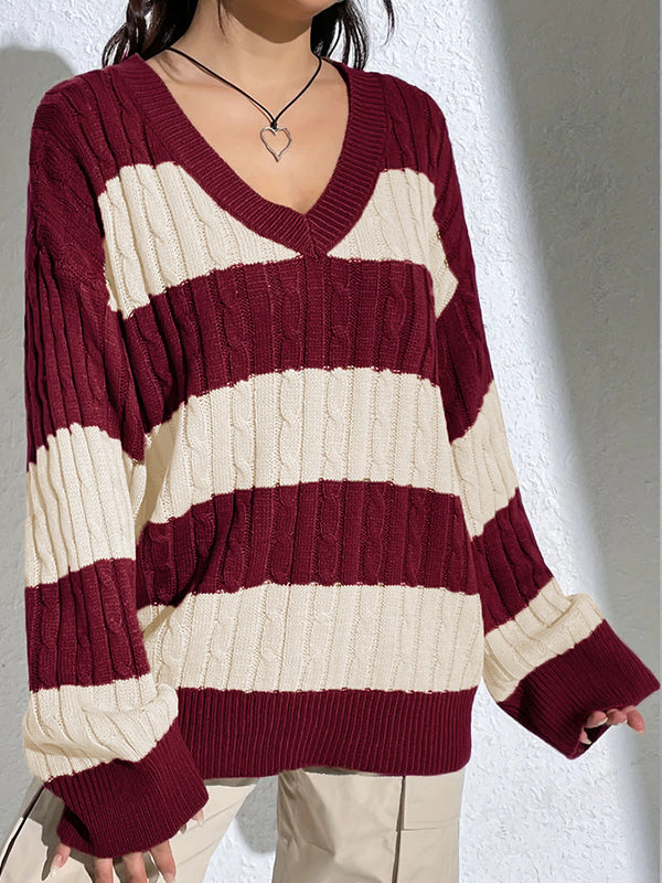 Casual Stripe Print Oversized Long Sleeve Sweaters