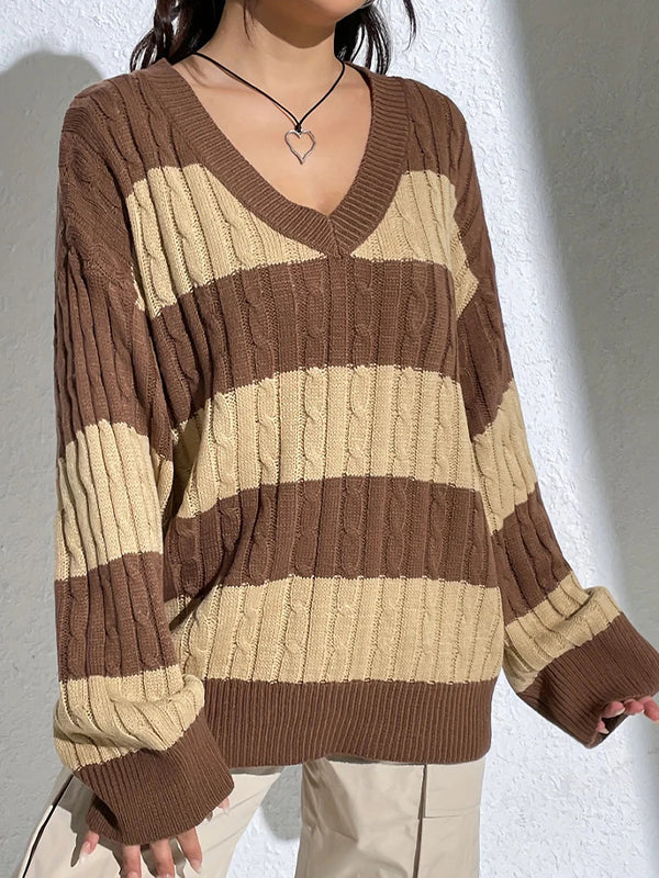Casual Stripe Print Oversized Long Sleeve Sweaters
