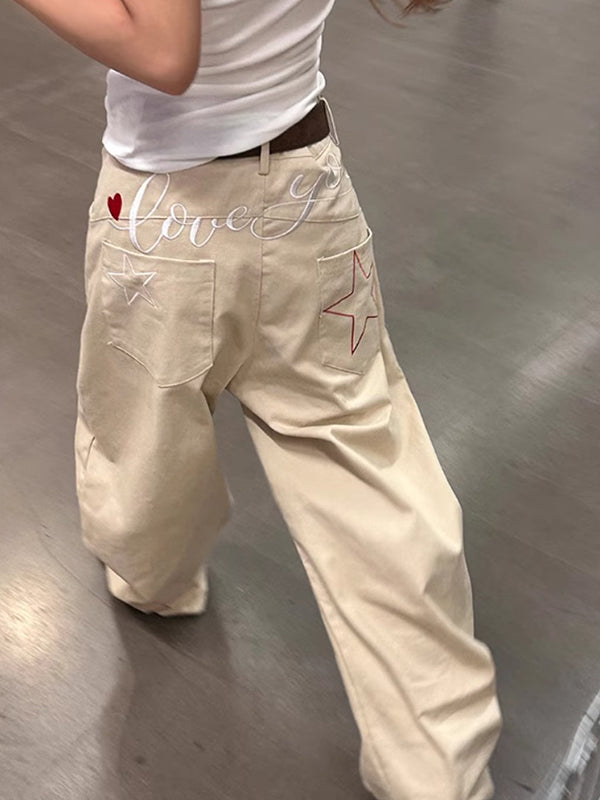 Retro Star Letter Embroidery Boyfriend Jeans