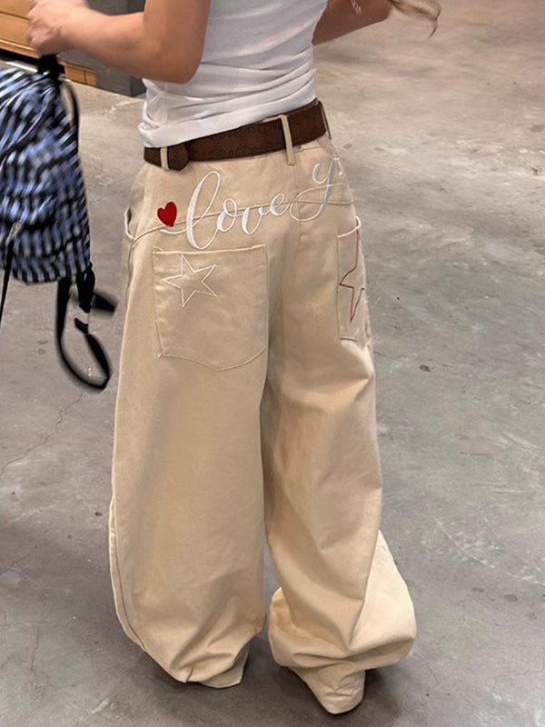 Retro Star Letter Embroidery Boyfriend Jeans