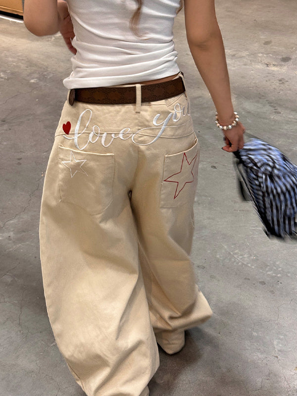 Retro Star Letter Embroidery Boyfriend Jeans