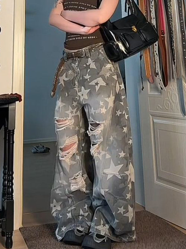 Vintage Washed Stars Ripped Jeans