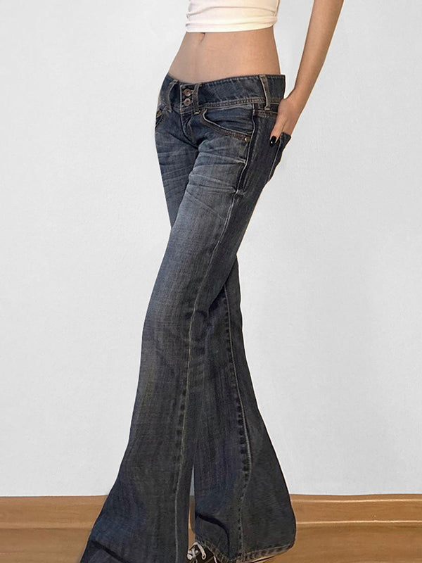 Aged Washed Low Rise Flare Jeans