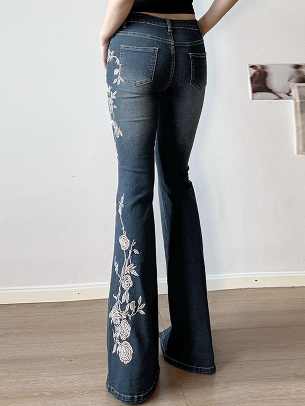 Rose Embroidery Vintage Gradient Flare Jeans