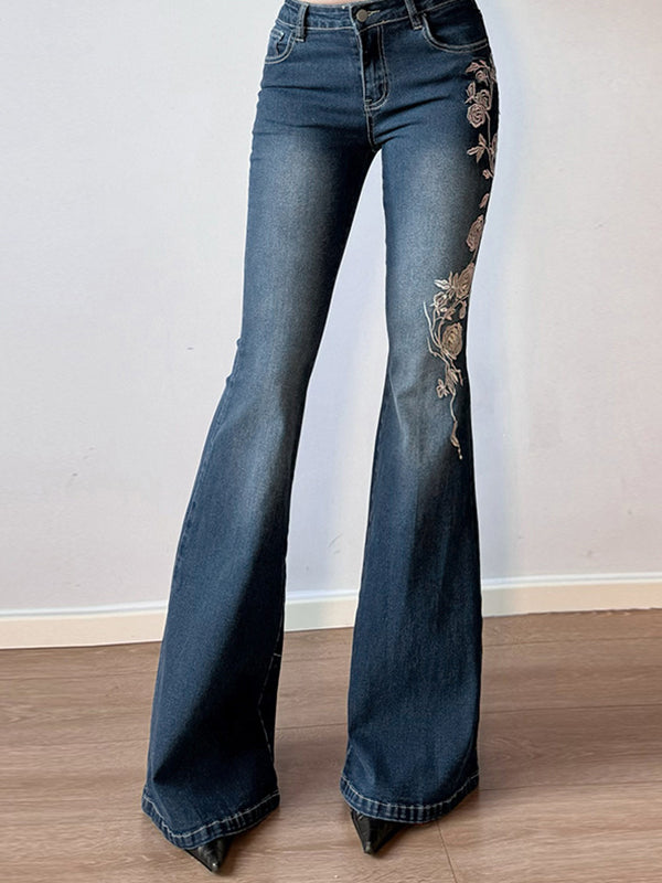 Rose Embroidery Vintage Gradient Flare Jeans