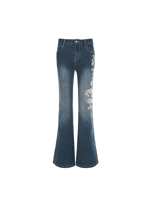 Rose Embroidery Vintage Gradient Flare Jeans