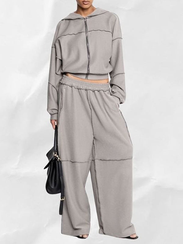Loose Solid Color Zipper Jacket Two Piece Sets