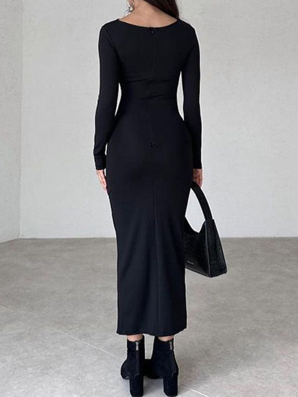 Solid Ruched Long Sleeve Maxi Dresses