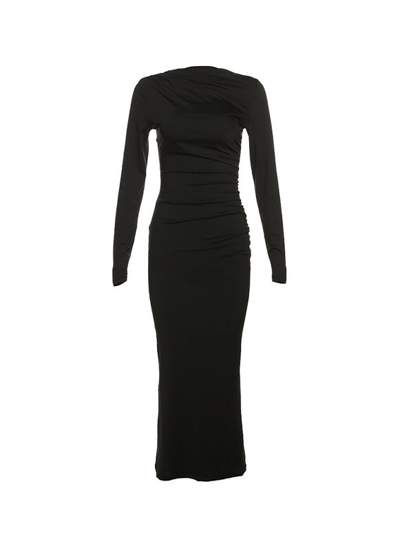 Solid Ruched Long Sleeve Maxi Dresses