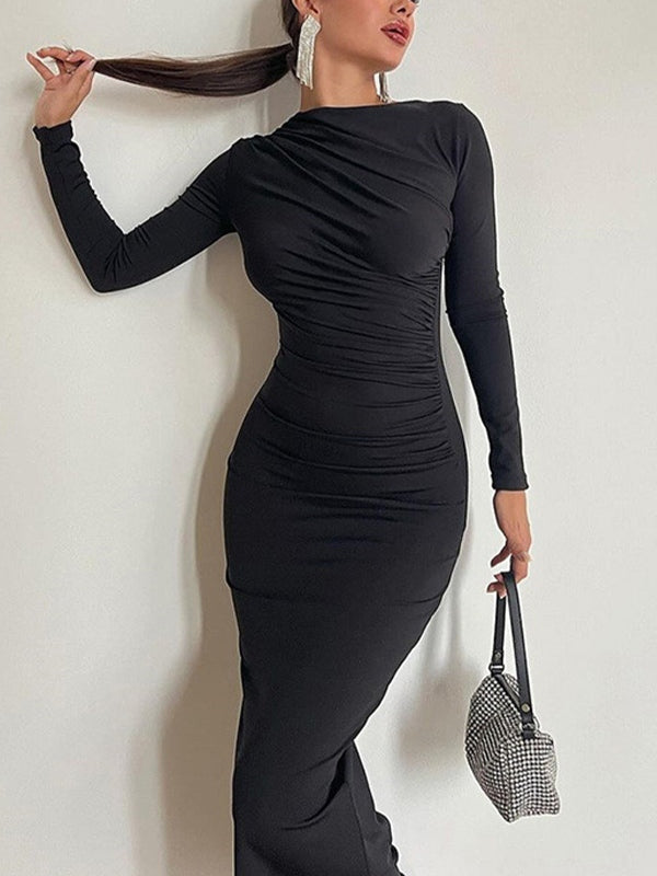 Solid Ruched Long Sleeve Maxi Dresses