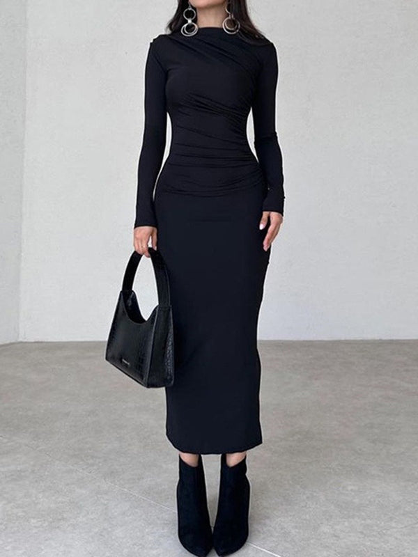 Solid Ruched Long Sleeve Maxi Dresses