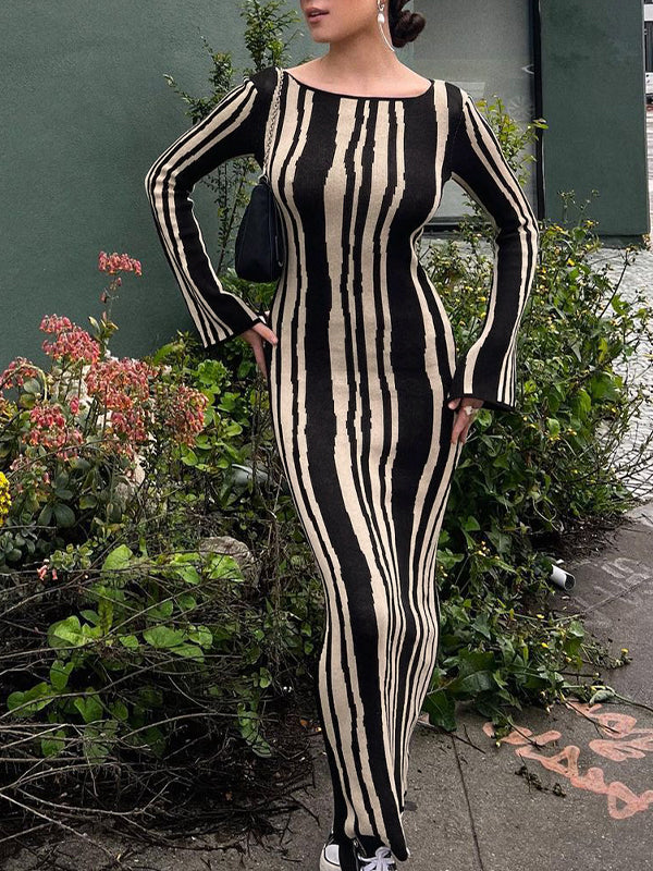 Striped Crew Neck Long Sleeve Maxi Dresses