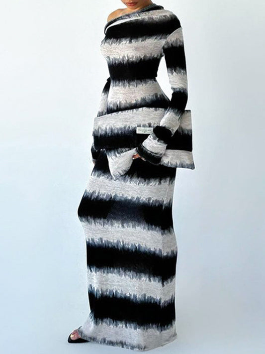Sfumato Black White Stripes Asymmetrical Maxi Dresses