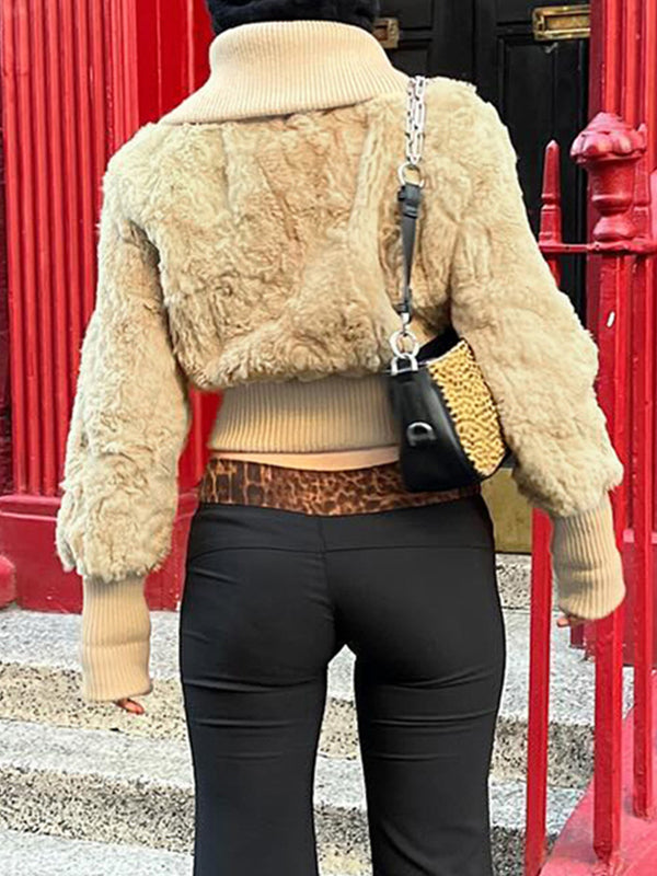 Solid Color Lapel Plush Waist Jackets