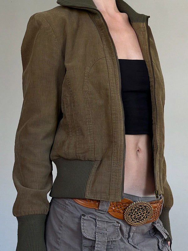 Retro Solid Color Pocket Waist Jacket