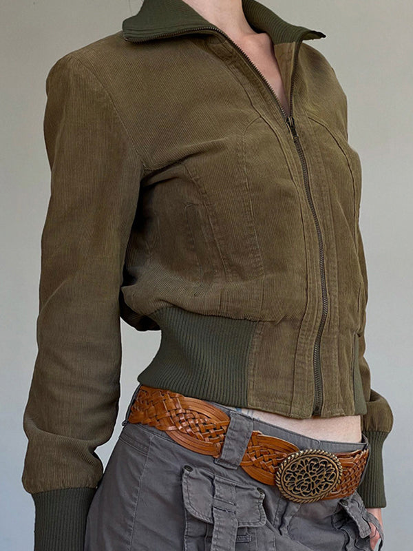 Retro Solid Color Pocket Waist Jacket