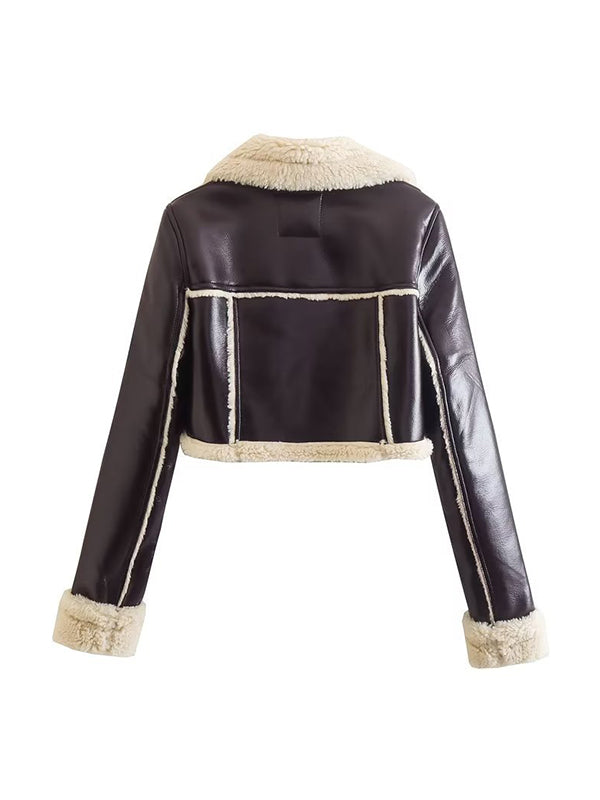 Teddy-lined Leather Lapel Neck Short Jacket