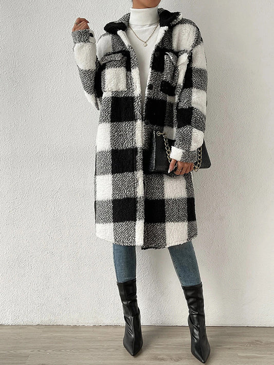 Plaid Tartan Lapel Neck Midi Jacket