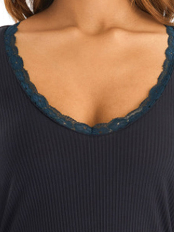 Solid Color Rib Lace Trim Slim Long Sleeve Knit Shirts