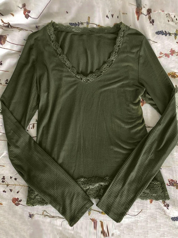 Solid Color Rib Lace Trim Slim Long Sleeve Knit Shirts