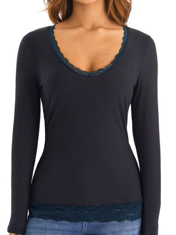 Solid Color Rib Lace Trim Slim Long Sleeve Knit Shirts