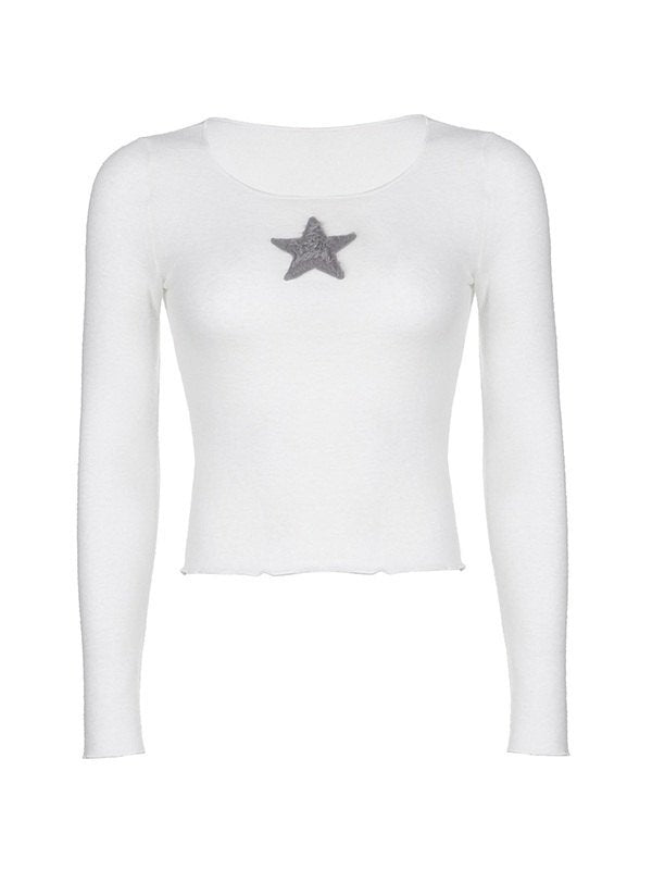 Star Patch Long Sleeve Cropped Knit Shirts