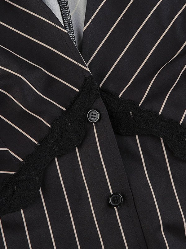 Lace Paneled Long Sleeve Striped Shirts