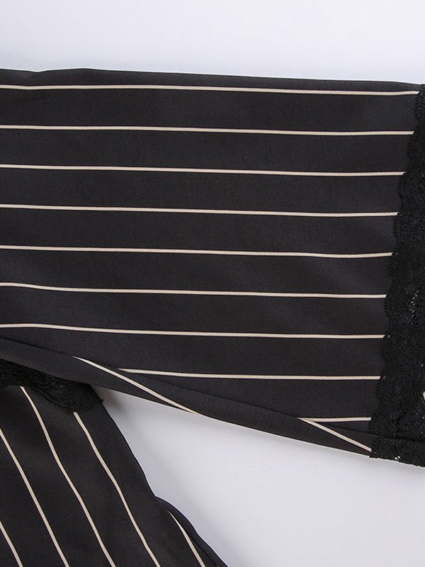 Lace Paneled Long Sleeve Striped Shirts