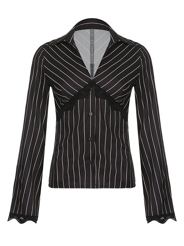 Lace Paneled Long Sleeve Striped Shirts