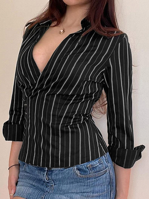 Retro Lace-Up Cinched-Waist Stripes Shirts