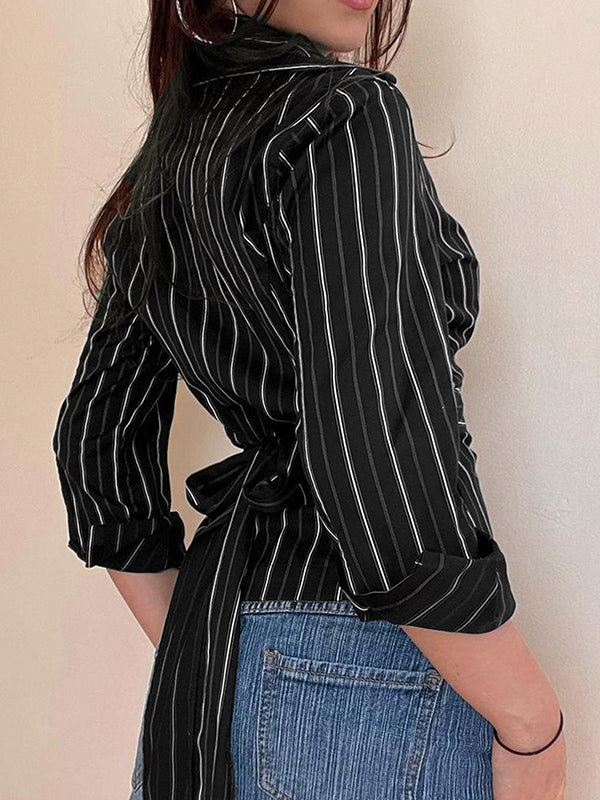 Retro Lace-Up Cinched-Waist Stripes Shirts